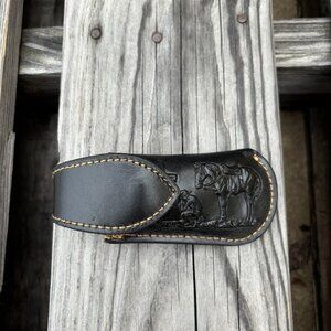 Black Leather Praying Cowboy Design Small Knife Sheath with Keep